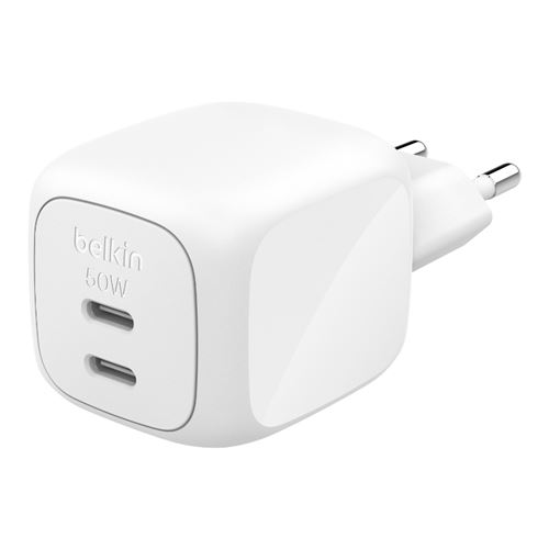Cargador De Pared Dual Belkin Boostcharge Pro 50w Usb-c Gan Power Delivery Blanco