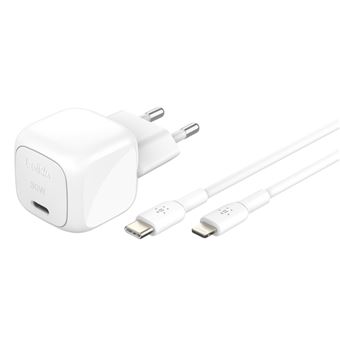 Cargador de pared Belkin 30W USB-C Power Delivery + Cable USB-C/Lightning 1m Blanco