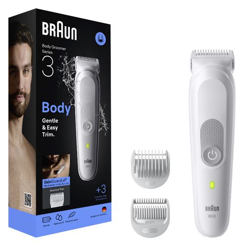 Braun BodyGroomer Series 3 BG3530 - Afeitadora Corporal para Hombre con 3 Herramientas de Afeitado y Protección SkinGuard, 80 Min de Autonomía, Suave para Zonas Sensibles, Afeita y Recorta, Impermeable, Producto Europeo con Garantía Oficial.