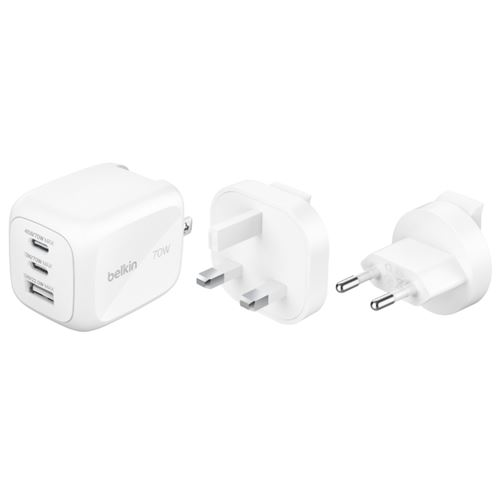 Cargador De Pared Belkin Boostcharge Pro Gan 3 Puertos 70w + Puntas De Enchufe Intercambiables Uk, Eu, Us Blanco