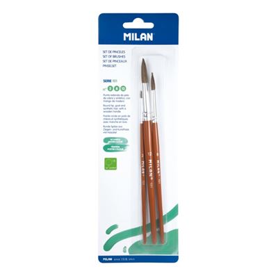 Milan Pack De 3 Pinceles Escolares Serie 101 Número 24 – Cerdas De Pony, Mango Corto De Madera Y Casquillo Cromado