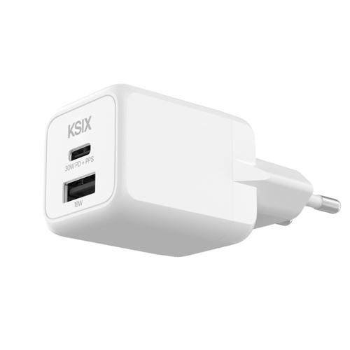 Ksix Cargador de Carga Rápida 1xUSB-C + 1xUSB 30W Blanco - Imagen 2
