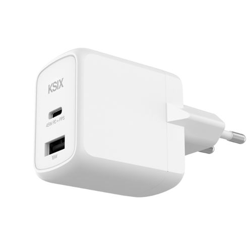 Cargador De Red Ksix 1x Usb-a + 1x Usb-c Gan Power Delivery Pps 45w Blanco