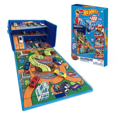 Caja organizadora de cohes con pista y área de juego hot wheels