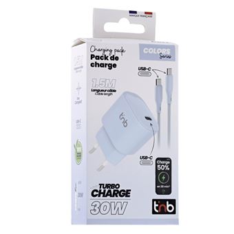 Cargador de pared T'nB USB-C Power Delivery 30W Azul + Cable USB-C de 1,5m