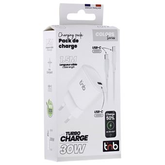 Cargador de pared T'nB USB-C Power Delivery 30W Blanco + Cable USB-C de 1,5m