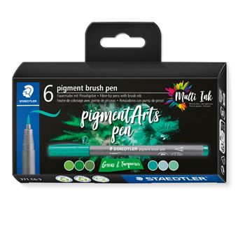 Estuche con 6 rotuladores STAEDTLER Pigment Arts con punta pincel colores verdes y turquesas - 1