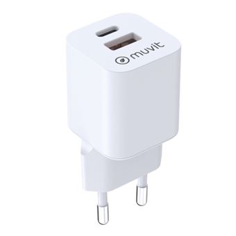 Cargador de pared Muvit for change BiooFnix GaN 1 USB QC 3.0 18W + Tipo C PD65W Blanco