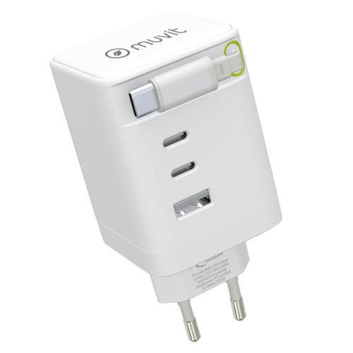 Cargador De Pared De Muvit For Change Con Cable Retráctil Usb-c Power Delivery 100w 2 Usb-c Y 1 Usb Blanco