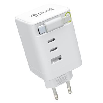 Cargador de pared de Muvit for change con cable retráctil USB-C Power Delivery 100W 2 USB-C y 1 USB Blanco