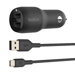 Cargador dual para coche Belkin Boost Charge USB-A 24 W + Cable USB-C  Negro
