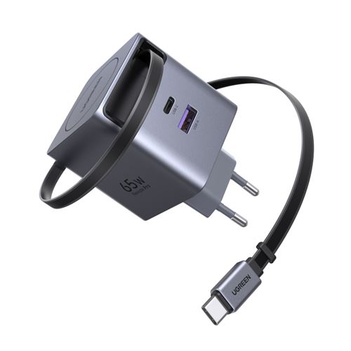 Cargador De Pared Ugreen X615 De Carga Rápida Usb-c 65w Gan Con Cable Retráctil