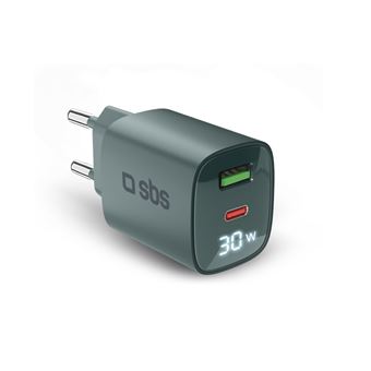 Cargador de pared SBS Power Control con pantalla LCD 30W USB-C/USB-A Azul