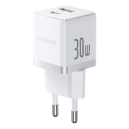 Cargador de pared - Baseus PALM, 30W, USB y Tipo C, Carga rápida, Tamaño extrapequeño, simultánea, Control inteligente temperatura, Blanco