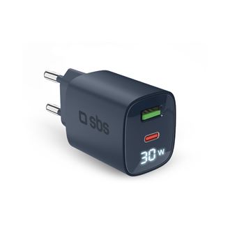Cargador de pared SBS Power Control con pantalla LCD 30W USB-C/USB-A Azul oscuro