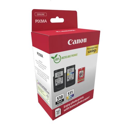 Pack 2 Cartuchos De Tinta Original Canon Pg-510/cl-511 + 50 Hojas De Papel Fotográfico Satinado Gp-501 De 10x15cm