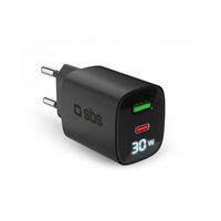 Cargador de pared SBS Power Control con pantalla LCD 30W USB-C/USB-A Negro