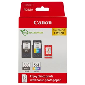 Pack 2 Cartuchos de tinta original Canon PG-560/CL-561 + 50 hojas de papel fotográfico de 10x15cm