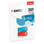 Set 2 Pendrive Memoria Mini USB 2.0 Emtec D250 32GB Azul/Rojo