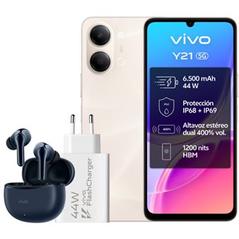 Bundle Vivo Y21 5G 6,74" 256GB Champagne Gold + Auriculares Vivo con estuche de carga + Cargador Vivo 44W FlashCharge