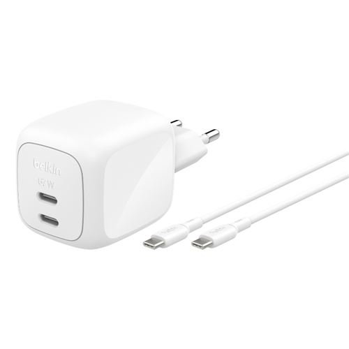 Cargador De Pared Dual Belkin Boostcharge Pro 67w Usb-c Gan Power Delivery + Cable Usb-c 2m Blanco
