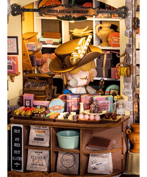ROBOTIME Casa En Miniatura DIY – Henry’s Chocolate, Maqueta De Madera Con Luces LED Y Muebles, Regalo Creativo