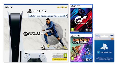 Consola PS5 + FIFA 23 + Ratchet & Clank + Gran Turismo 7 + Tarjeta 50€ PSN  - Consola - Los mejores precios