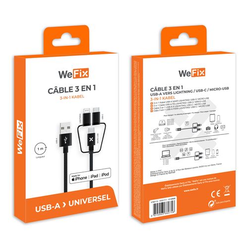 Cable 3 en 1 para iPhone/iPad Negro - USB C - Comprar al mejor precio Fnac