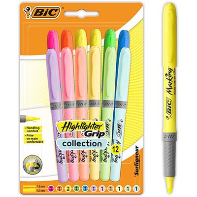 Bic Highlighter Grip marcadores de punta biselada regulable colores en tonos intensos y pastel pack 12 fluorescentes