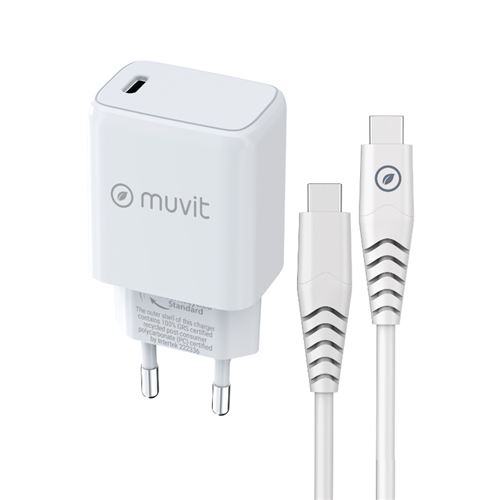 Pack Muvit For Change Cargador De Pared Tipo C Pd 25w + Cable De Carga Tipo C A Tipo C 3a 1m Blanco