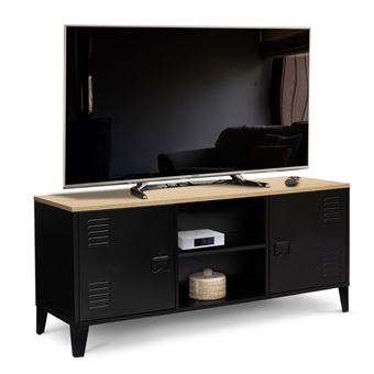 Meuble TV ESTER 113cm - Style Industriel Noir Avec Plateau Bois | 2 Portes Métal & Rangement Optimisé