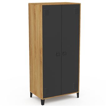 Armoire vestiaire penderie ESTER 2 portes métal noir et contour bois design industriel - 1
