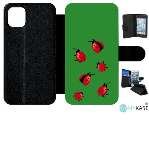 Etui My-Kase pour iPhone 11 - coccinelles fond vert - Simili-cuir Noir