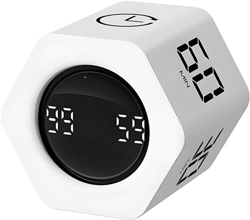 Pomodoro Minuteur de productivité hexagonal, Horloge à bascule Vibration et Alarme sonore Mode 1/5/10/30/60 min et chronomètre blanc