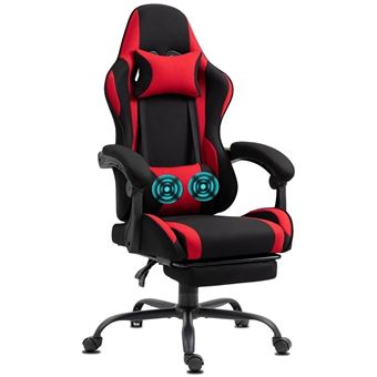 Chaise Gaming Delman, 2 points de massage par vibration, repose-pieds escamotable, tissu rouge, base en métal - 1