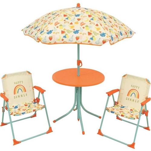 FUN HOUSE Fruitys Salon de jardin - 1 table H.46 x o46 cm, 2 chaises H.53xl.38,5xP.37,5 cm et 1 parasol H.125 x o100 cm