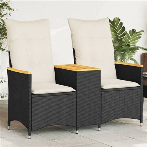 vidaXL Canapé de jardin inclinable 2 places avec table noir poly rotin, canapé de jardin, siège de jardin, meuble 365720