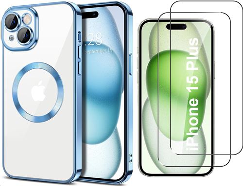 Coque Silicone Pour iPhone 15 Plus Couleur Bleu Compatible Magsafe + 2 Verres Trempe Protection Ecran Little Boutik®