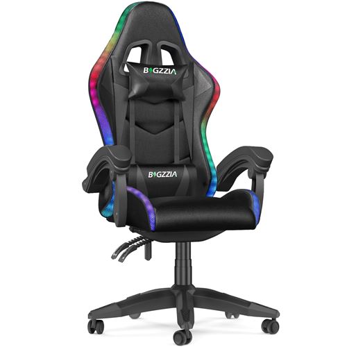 Chaise gaming avec éclairage LED Effets BIGZZIA, avec Lombaire et Appui-Tête Appui, Dossier Hauteur Réglable, Noir