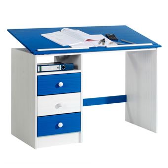 Bureau Enfant Kevin En Pin Massif 3 Tiroirs Et Plateau Inclinable Lasure Blanc Et Bleu Achat Prix Fnac