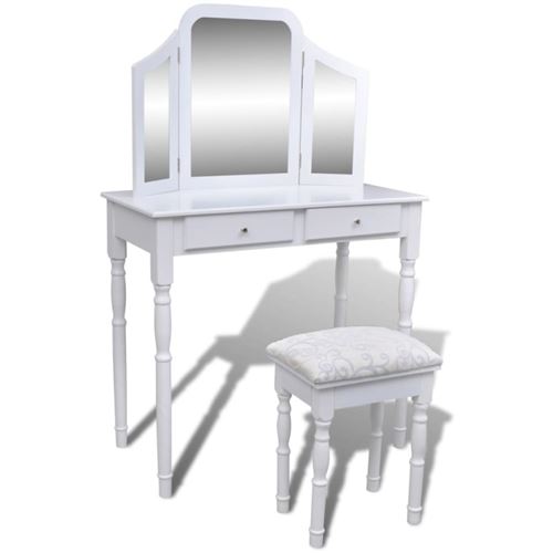 Coiffeuse blanche 2 tiroirs avec 1 tabouret et 1 miroir 3 en 1