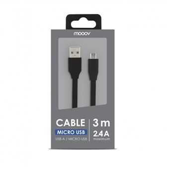 Câble plat micro USB vers USB (3m) - Noir