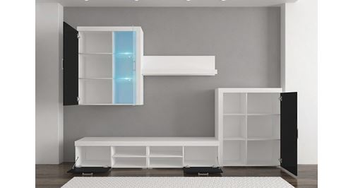 Home innovation - meuble de télévision, meuble de salon moderne avec leds, blanc laqué et blanc mate. Dimensions : 290x200x45 cm de profondeur.