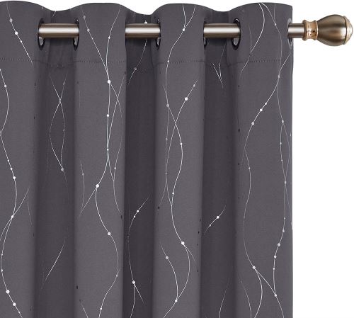 Deconovo Lot de 2 Double Rideau Occultant Thermiques Gris Foncé à Oeillets Rideau Cuisine Imprimé Lignes et Points Argentés 140x245cm