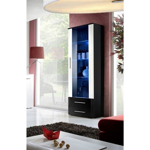 Vitrine NEO I design, coloris noir et blanc brillant, tiroirs noirs brillants + LED.