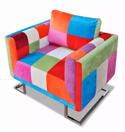 Cube fauteuil avec pieds chromés tissu design patchwork