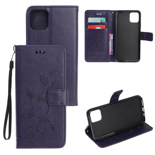 Etui en PU empreinte fleur de papillon violet foncé pour votre Apple iPhone 12 Pro Max 6.7 pouces