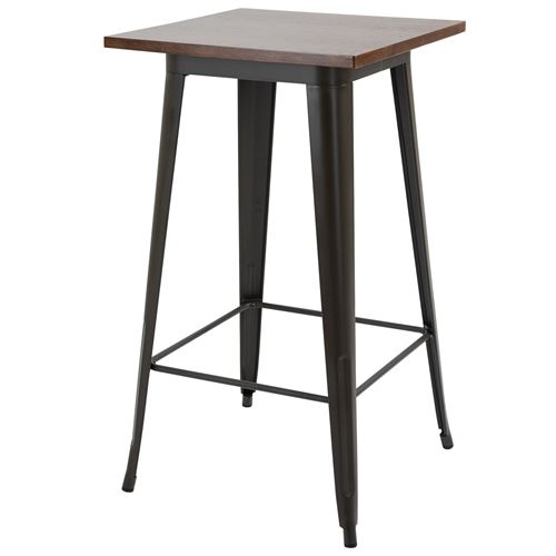 Table de bar carrée design industriel - repose-pied intégré - dim. 60 x 60 x 105 cm - métal noir panneaux multicouches imitation bois chêne foncé