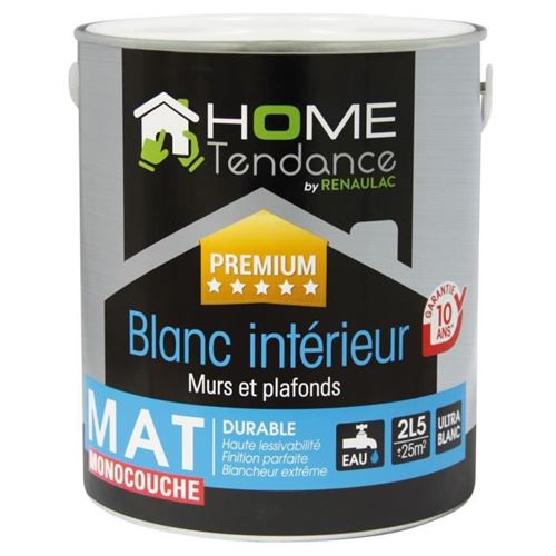peinture - vernis - traitement (lasure - effets decoratifs) peinture monocouche murale 2,5l blanc mat - lessivable - by renaulac