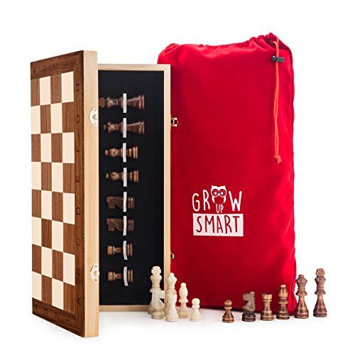Ensemble d'échecs pliant GrowUpSmart Smart Tactics 16 fabriqué par du bois certifié FSC - Édition Plus avec sac d'échecs